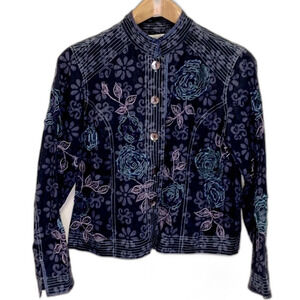 Coldwater Creek Navy Purple Embroidered Floral Batik LS Button Front Jacket Sz S